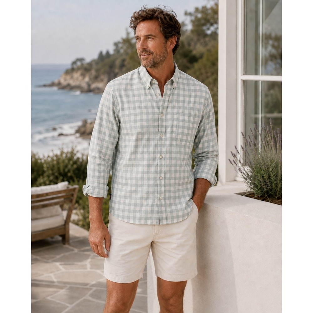 Faherty Men L Seafoam Gingham Cotton Stretch Button Down Shirt Coastal Preppy